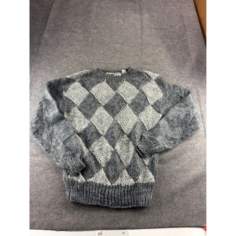 VTG Forum Mens M Grey Diamond Argyle Chunky Knit Sweater 90s Academia Preppy
